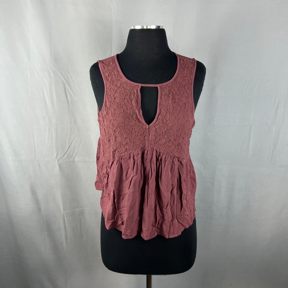 Maurices Tank Top Women M Burgundy Cotton Pleated Lace Detail Keyhole Wide Strap
